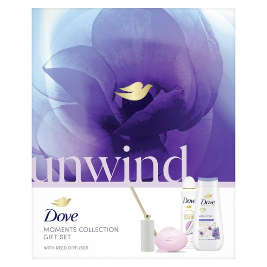 Dove Darčeková sada Unwind Sprchový gél 225ml, Mydlo 90g, Deospray 150ml, Difuzér
