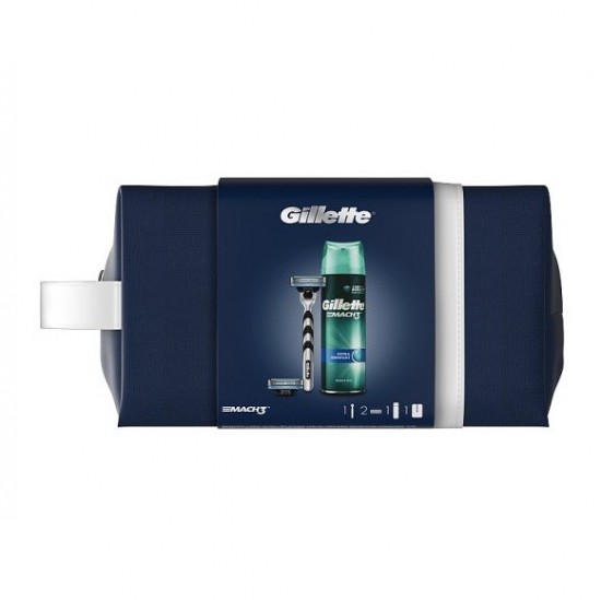 GIFT SET Gillette Mach3 Holiaci strojček, náhr. hlavice, Gél na holenie 200ml, cest. taška