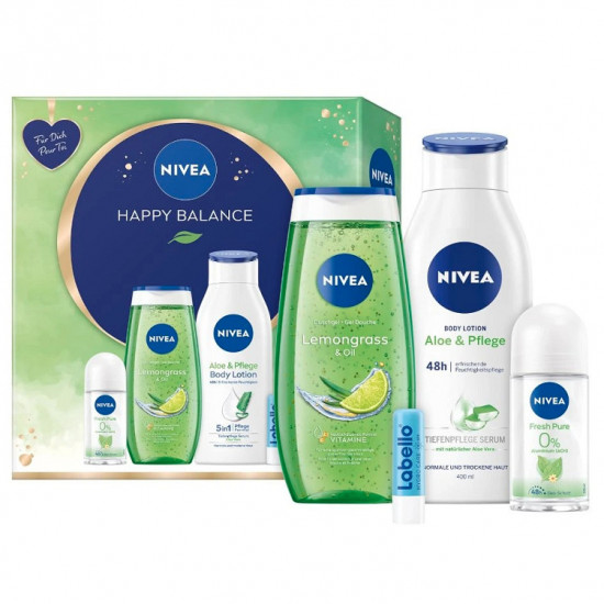 GIFT SET Nivea Happy Balance(SG 250ml+telové mlieko 400ml+roll-on 50ml+Labello Hydro care)
