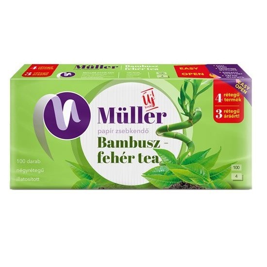 MÜLLER Papierové vreckovky štvorvrstvové, 100ks v balení - Bambus a Zelený čaj MÜLLER Papierové vreckovky štvorvrstvové, 100ks v balení - Bambus a Zelený čaj