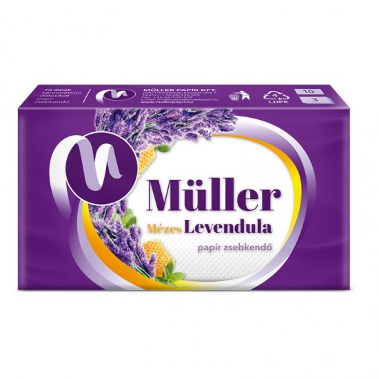 MÜLLER papierové vreckovky Med&levanduľa 3-vrstvové 10x10ks MÜLLER papierové vreckovky Med&levanduľa 3-vrstvové 10x10ks