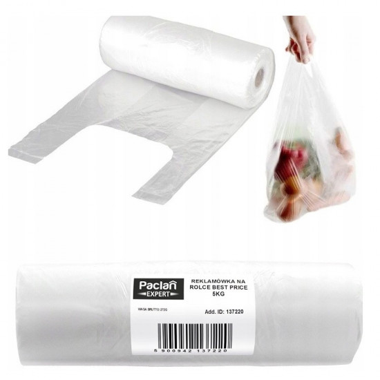 Paclan Fóliová taška s uškami na rolke, HDPE, nosnosť 5kg, rozmer 0,35mx0,43m, 6,7µ,150ks Paclan Fóliová taška s uškami na rolke, HDPE, nosnosť 5kg, rozmer 0,35mx0,43m, 6,7µ,150ks