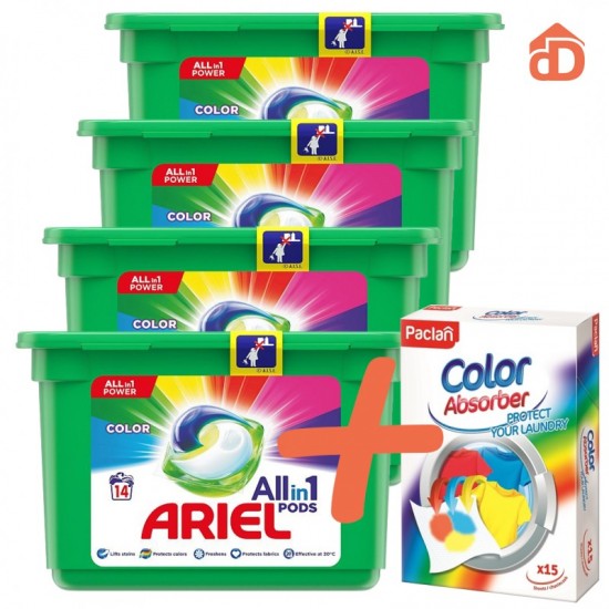 VÝHODNÝ BALÍK 4ks Ariel Allin1 Gélové kapsuly Color 14ks + 1ks Paclan Color Catcher 15ks