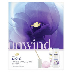 Dove Darčeková sada Unwind Sprchový gél 225ml, Mydlo 90g, Deospray 150ml, Difuzér