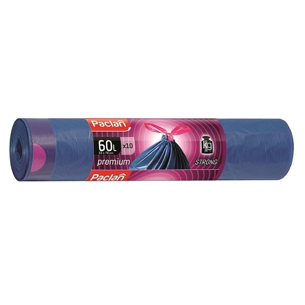 E-shop PACLAN Vrecia na odpad PREMIUM zaťahovacie, 2vrstvy, pevné 60L - 10ks, 30µ, LDPE,63x78cm
